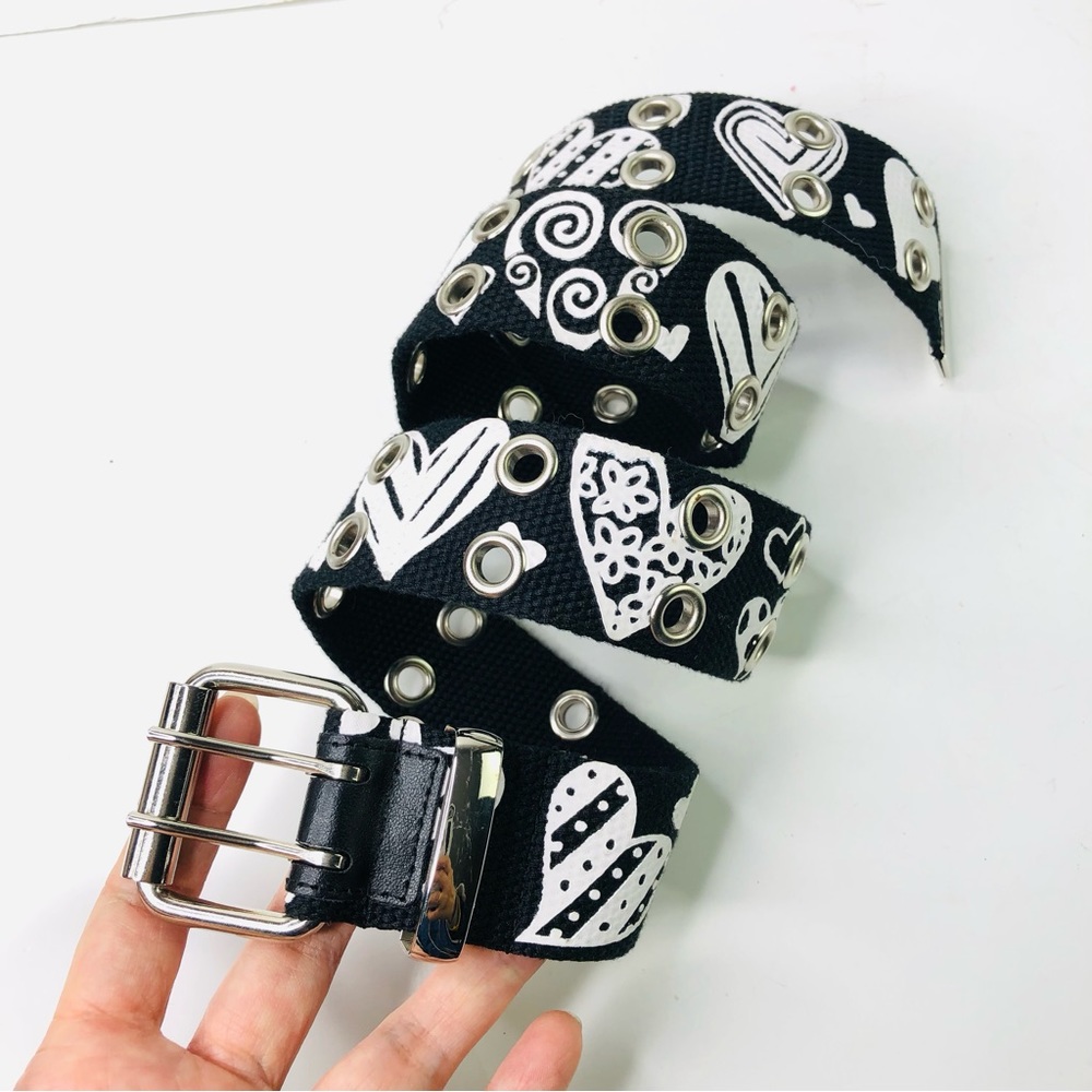 Double Prong Buckle Belt Black Size S Canvas Hearts Printed Eyelets Streetwear